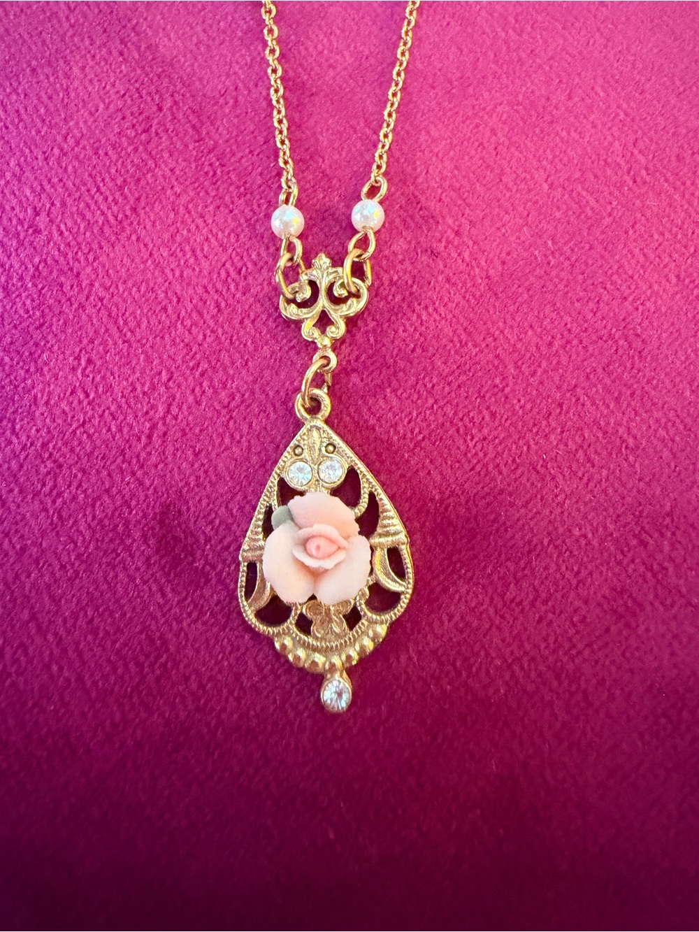 Gold Filigree Pendant Necklace with Pink Resin Rose